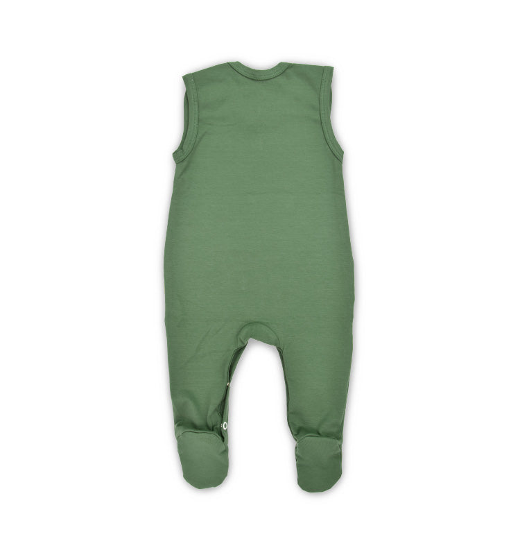 Strampler für Newborn in olive-grün, Füßchen, Träger und Wickelöffnung