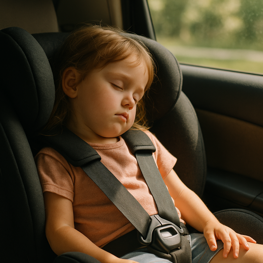 Baby schläft im Auto während Temperatur überwacht wird