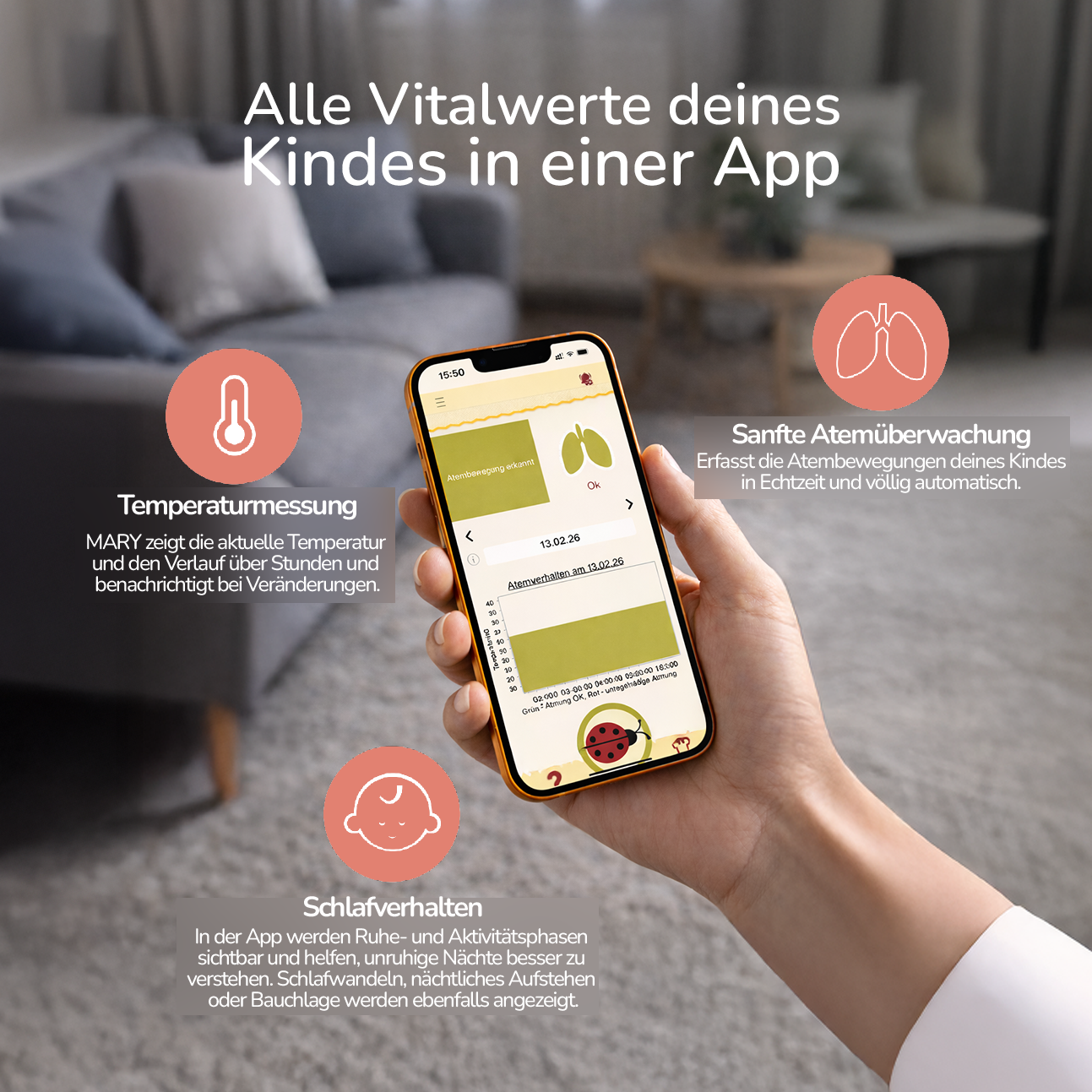Babyphone mit Atemüberwachung und Temperatur App – MARY Vital Sensor für Babys