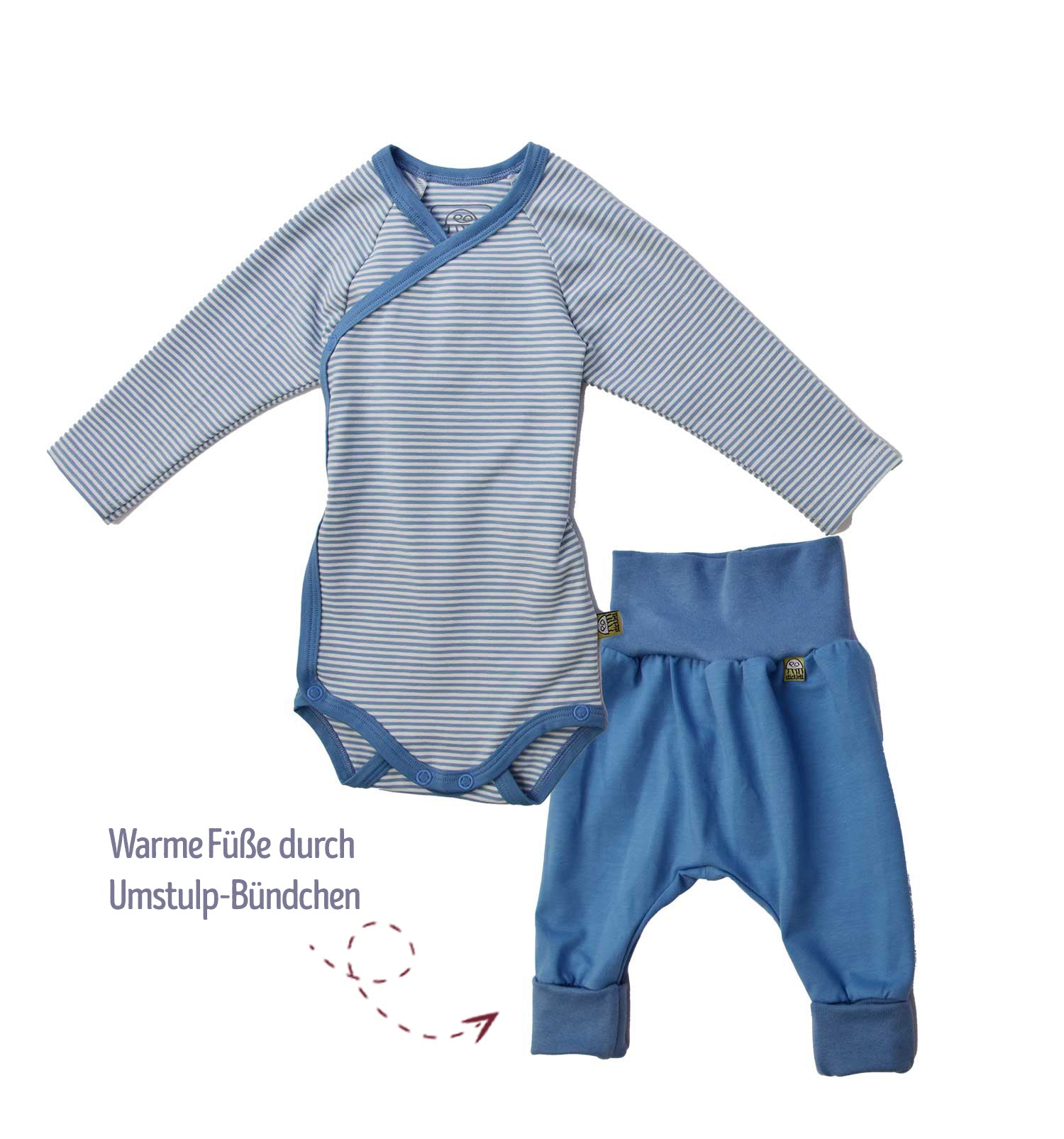 2 teiliges Baby-Set: Wickelbody Hose mit Fuß in mehreren Farben