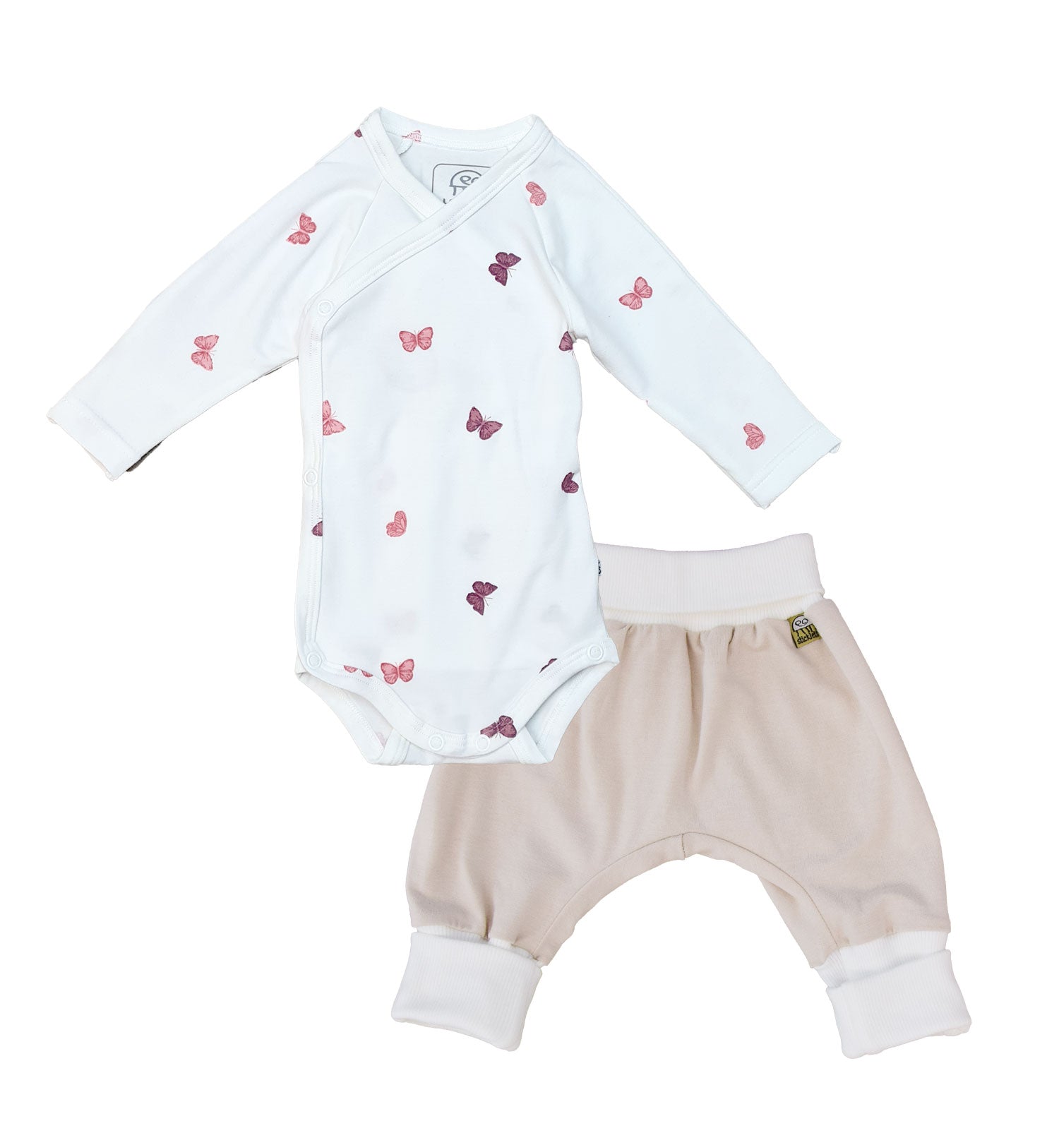 Baby Zweiteiler Wickelbody und Hose in beige Schmetterlinge