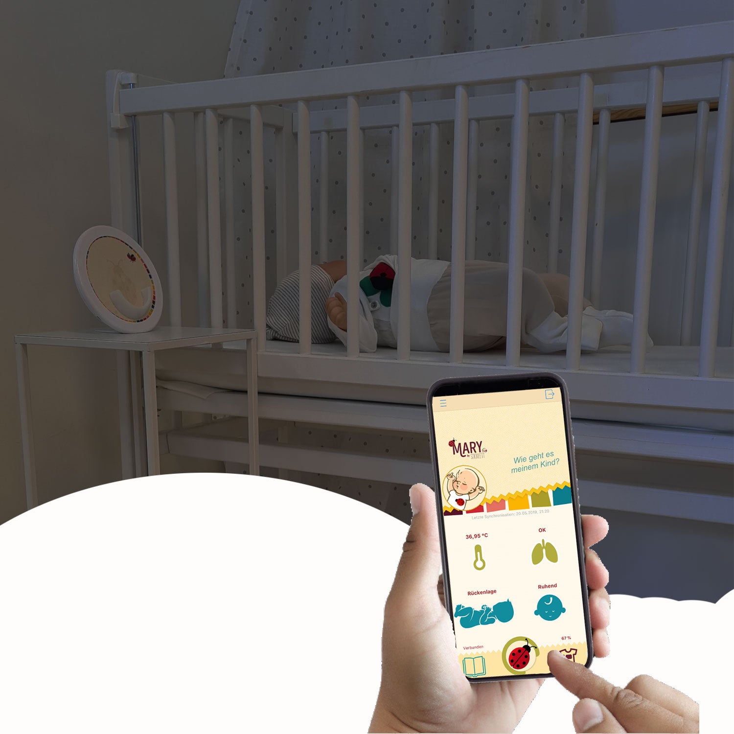 Baby Überwachung sei beruhigt während Kind schläft Atmung Körpertemperatur Bauchlage Babyphone