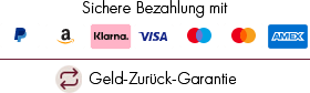 Sichere Bezahlung mit Paypal, Klarna, Amazon Pay, Visa und 30 Tage Geld-Zurück-Garantie