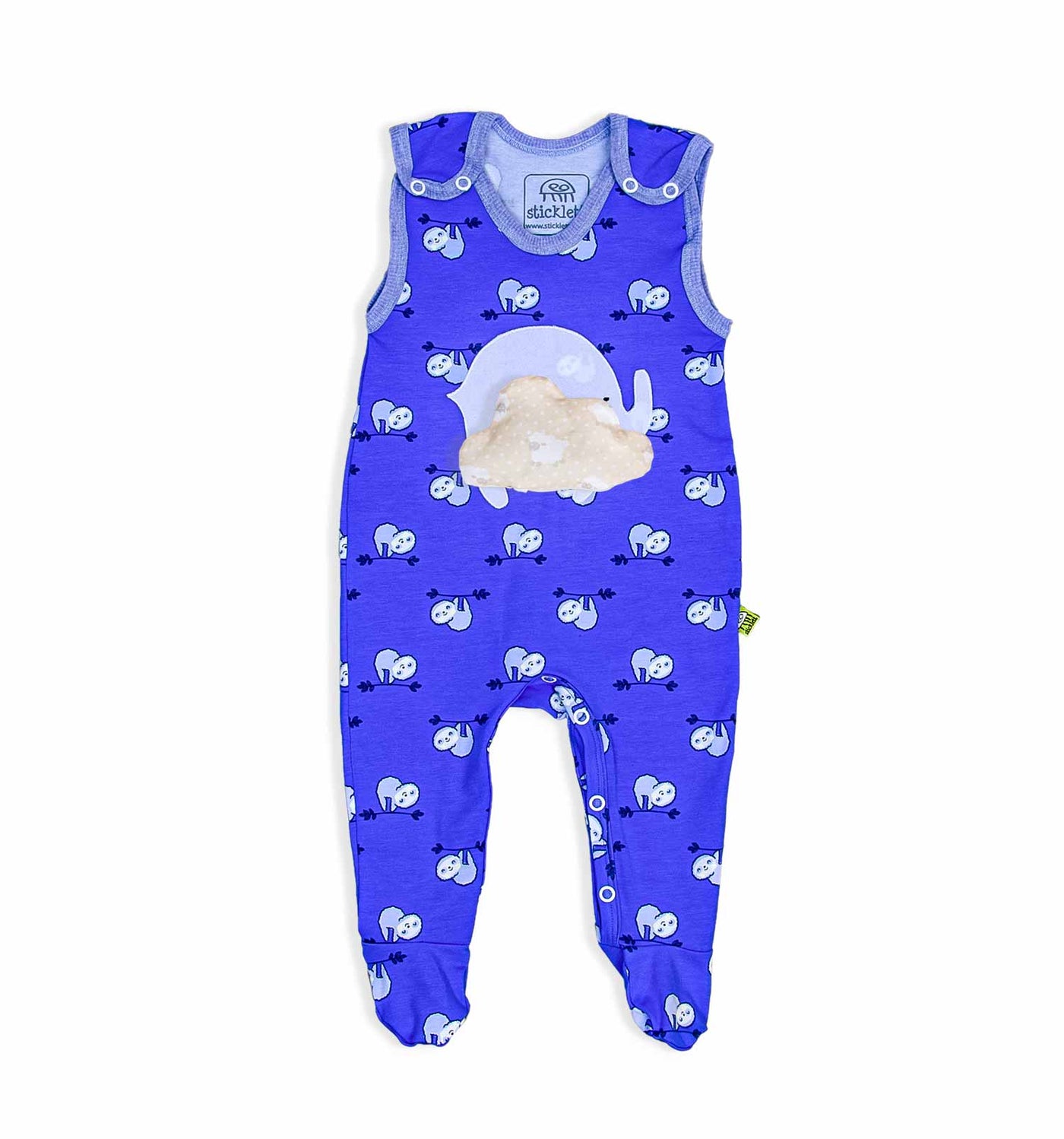 Baby-Strampler in royalblau mit Faultieren | sticklett Online Store.