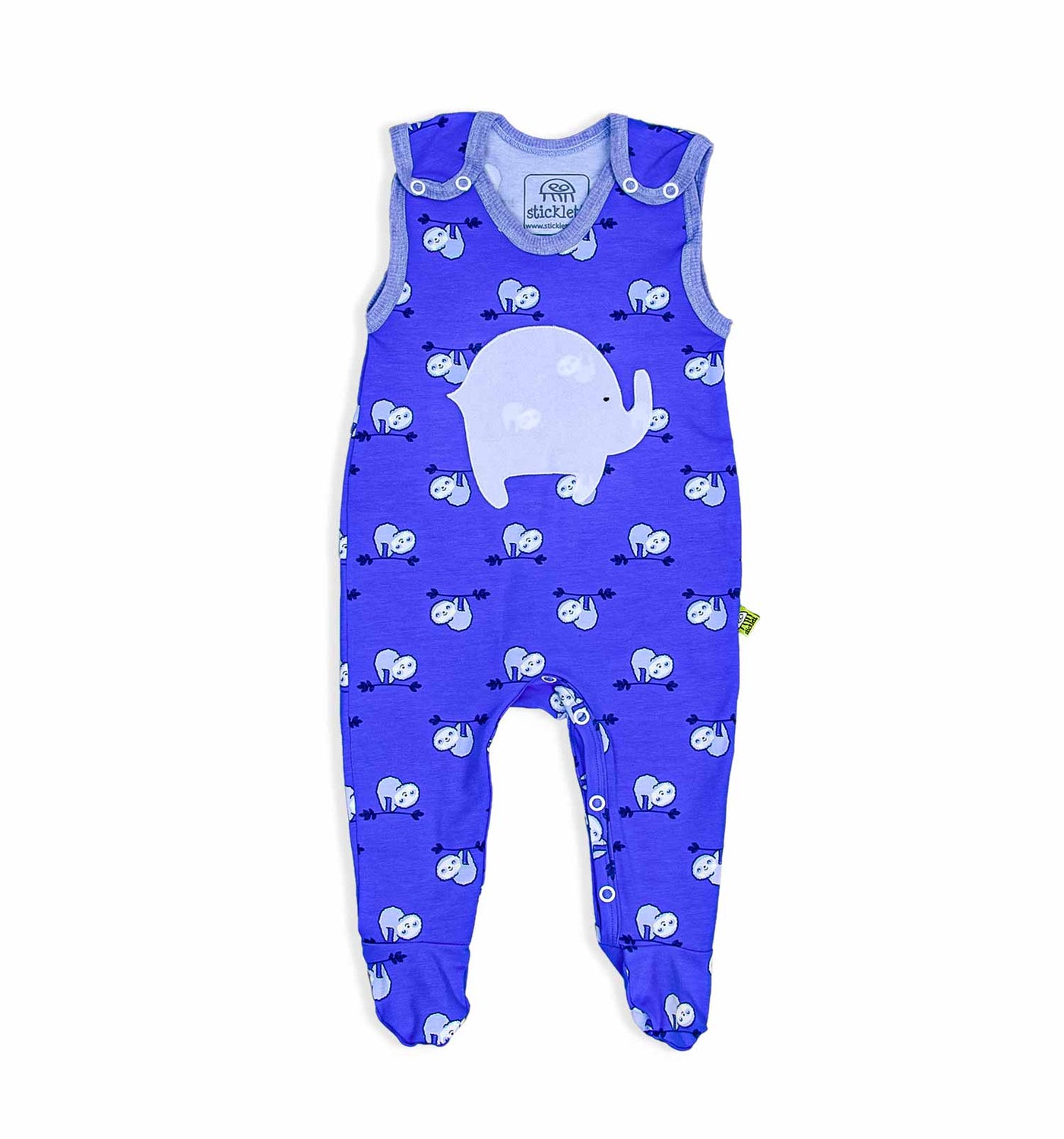 Baby-Strampler in royalblau mit Faultieren | sticklett Online Store.