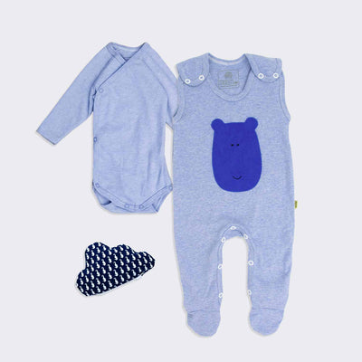 Baby Bio Stramplerset in Uni-hellblau mit Body und Wärmekissen