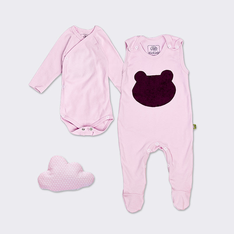 Baby Erstlingsset für Mädchen, Strampler und Wickelbody Uni-Rosa, Wärmekissen rosa Sterne