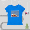 T-Shirt Geschichten-Erzähl-Set "Rennbahn" mit 2 austauschbaren Fahrzeug Patches | sticklett Online Store.