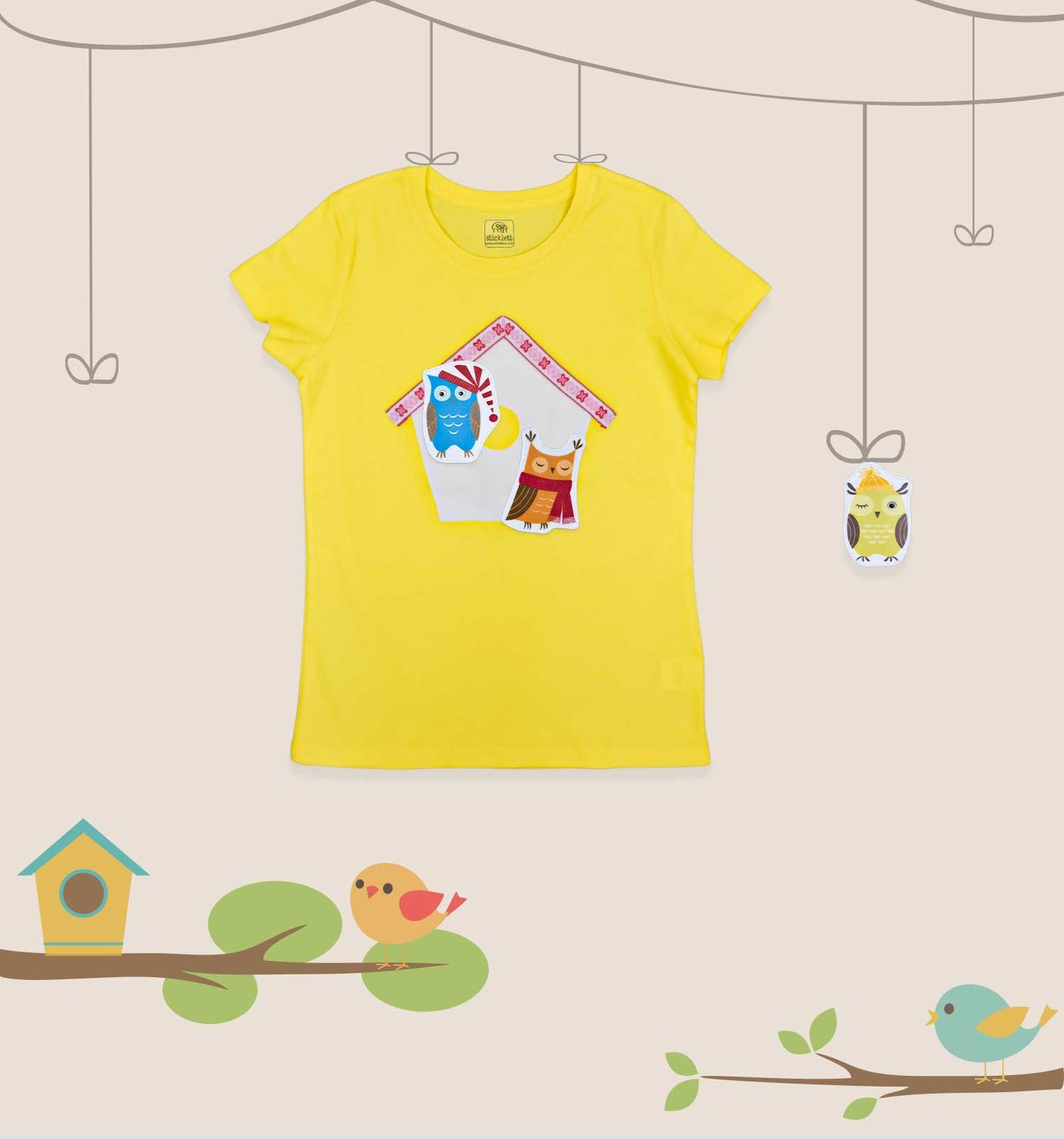 T-Shirt Geschichten-Erzähl-Set "Vogelhaus" mit 3 austauschbaren Eulen | sticklett Online Store.