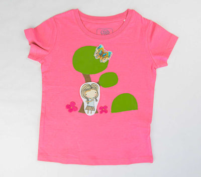 Mädchen T-Shirt in Pink mit aufgenähtem Garten Bild | sticklett Online Store.