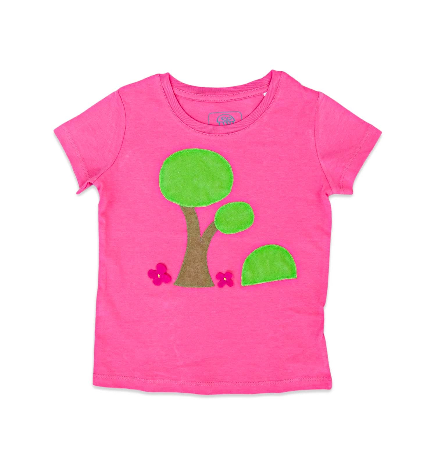 Mädchen T-Shirt in Pink mit aufgenähtem Garten Bild | sticklett Online Store.