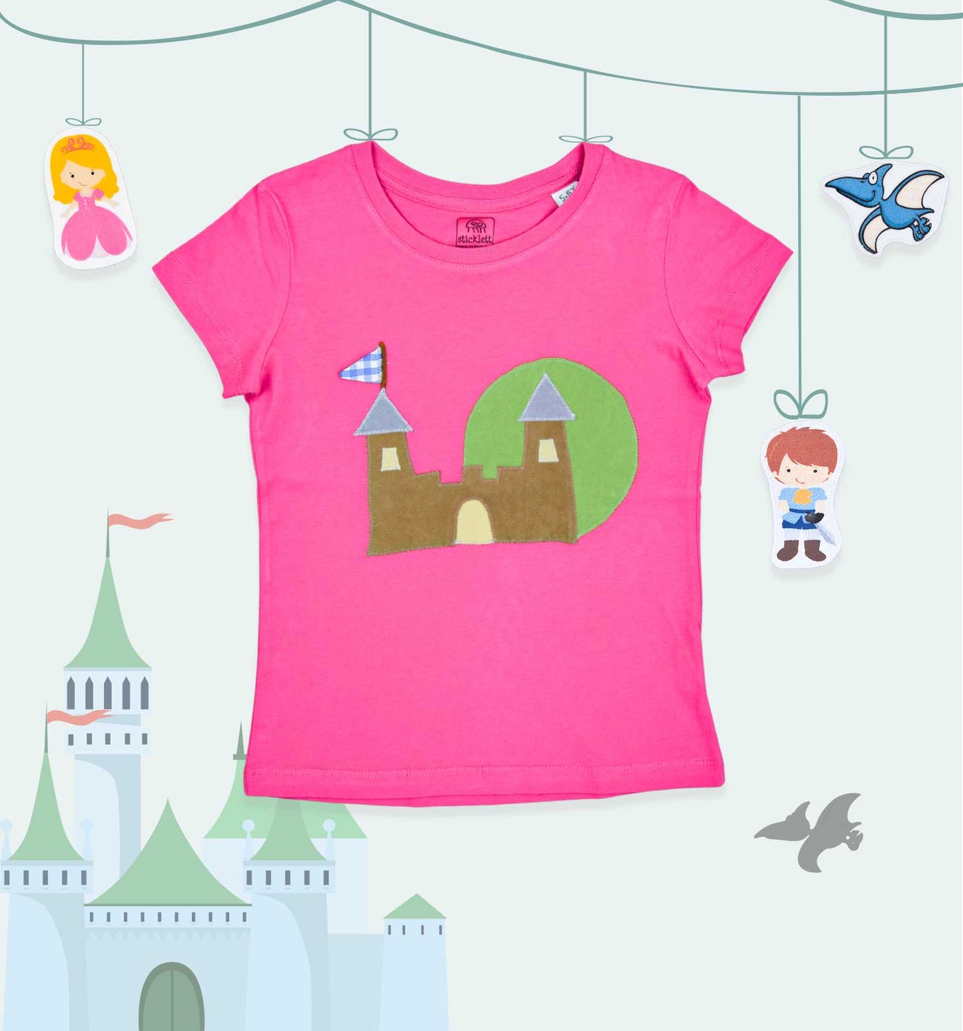 T-Shirt Geschichten-Erzähl-Set "Prinzessinschloss" mit 3 austauschbaren Märchenfiguren | sticklett Online Store.