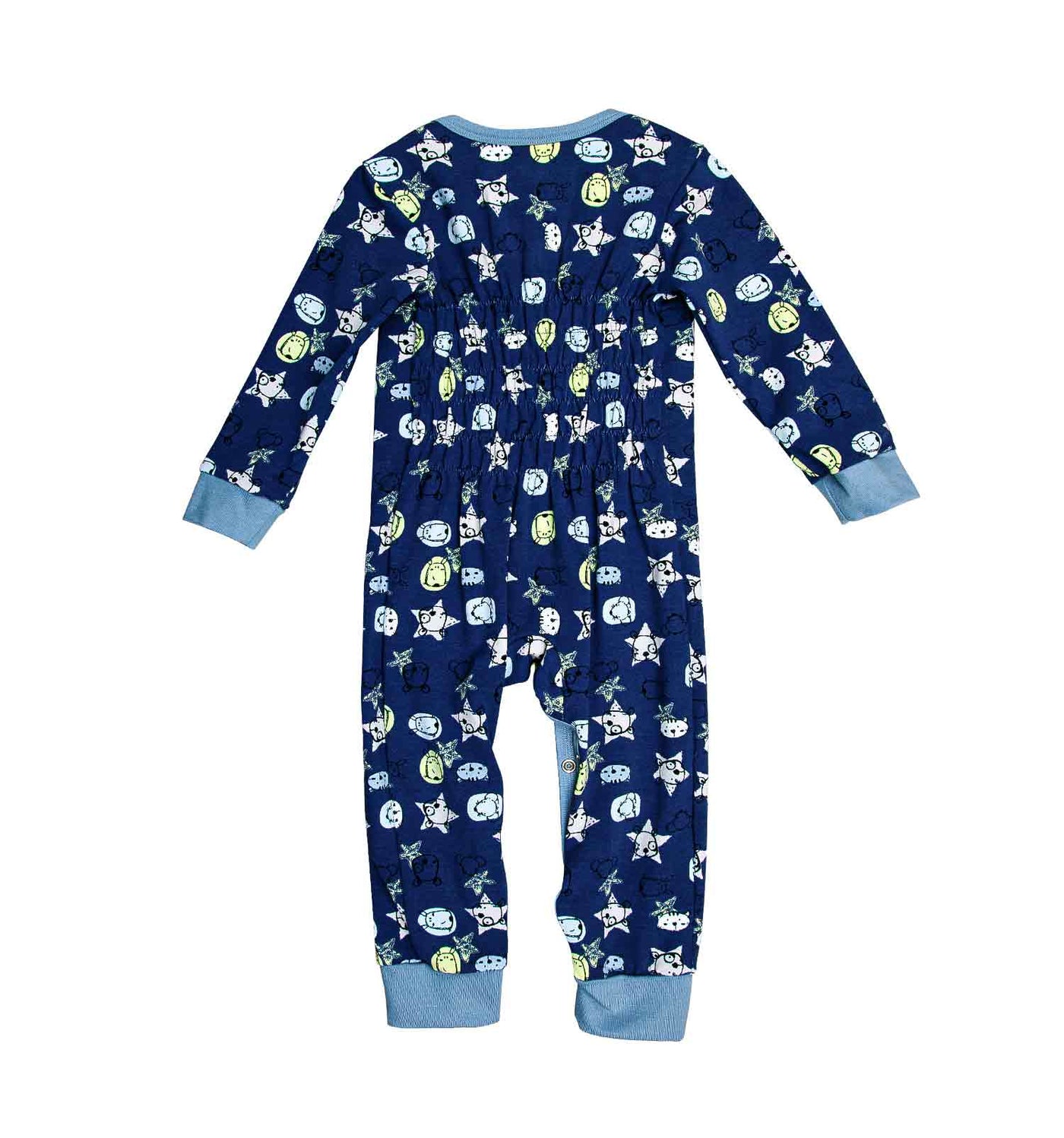 Schlafanzug Baby-Overal mit lustigem Tier Print in Nachtblau | sticklett Online Store.