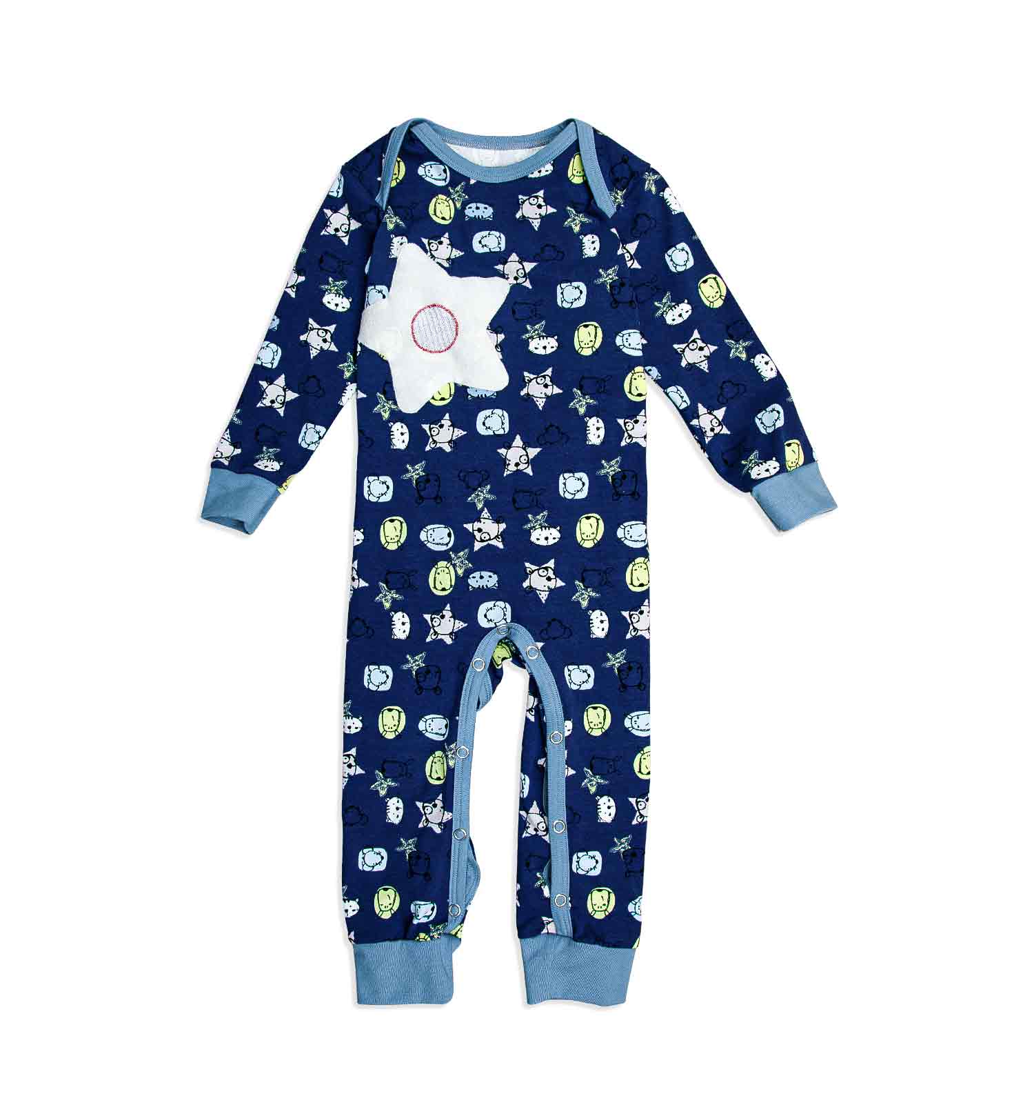 Schlafanzug Baby-Overal mit lustigem Tier Print in Nachtblau | sticklett Online Store.