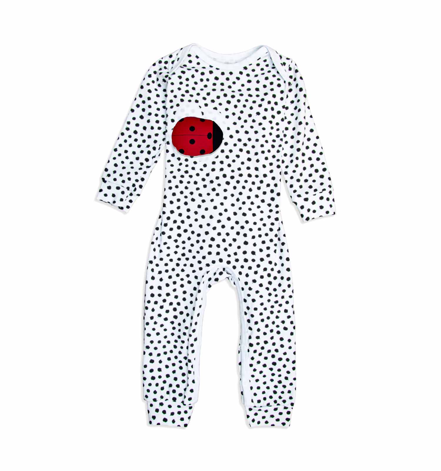 Schlafanzug Baby-Overall in weiß mit schwarzen Pünktchen | sticklett Online Store.