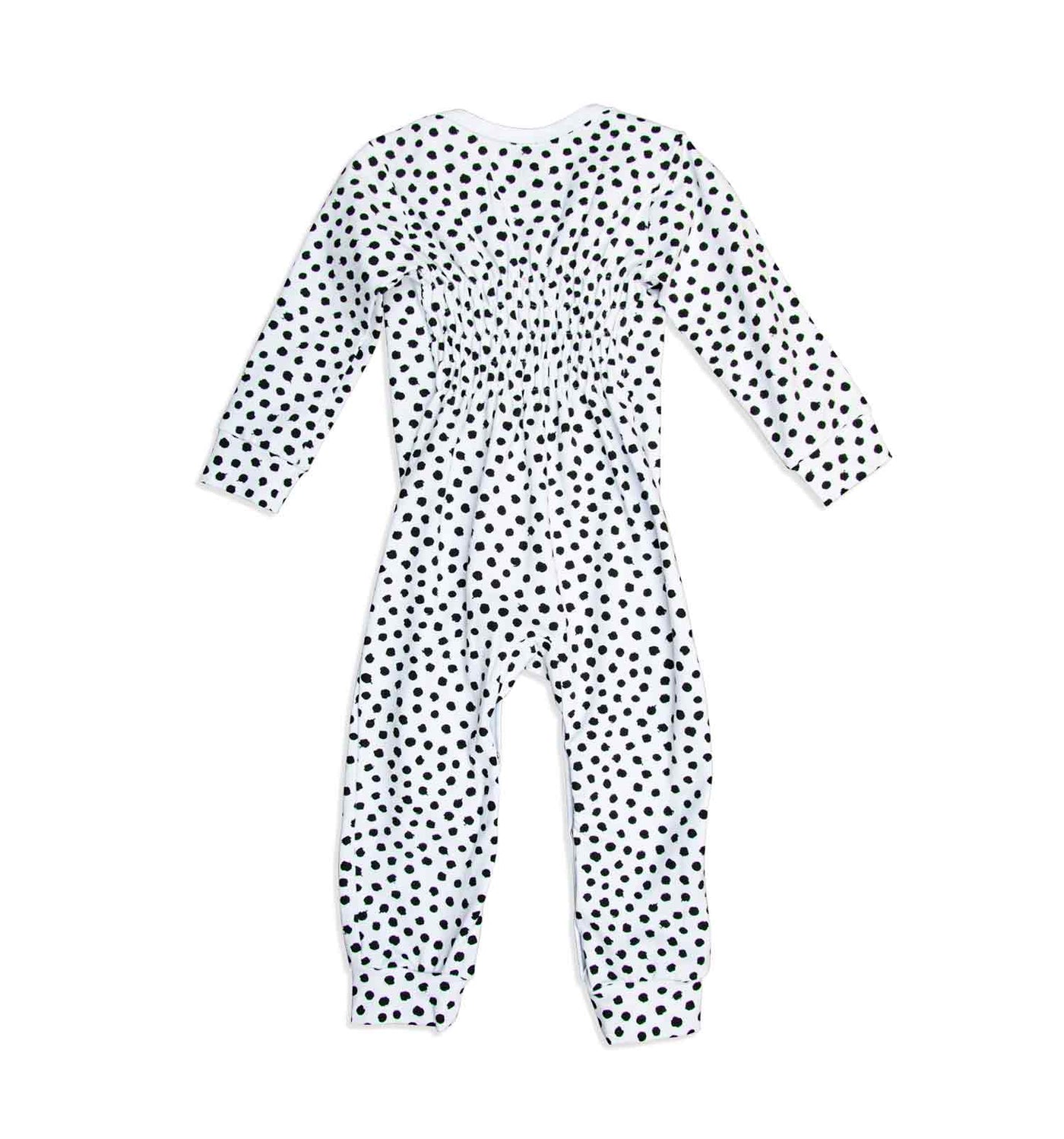 Schlafanzug Baby-Overall in weiß mit schwarzen Pünktchen | sticklett Online Store.