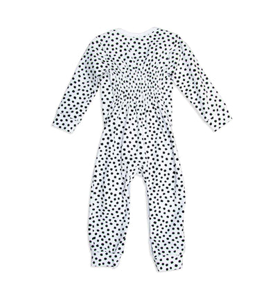 Schlafanzug Baby-Overall in weiß mit schwarzen Pünktchen | sticklett Online Store.