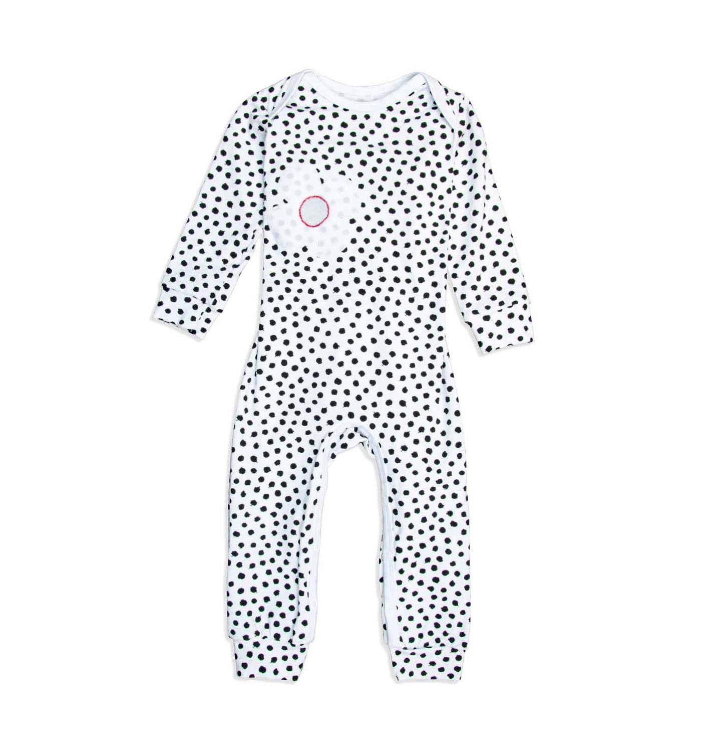 Schlafanzug Baby-Overall in weiß mit schwarzen Pünktchen | sticklett Online Store.