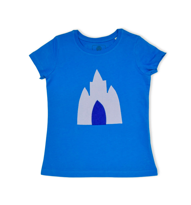 Kinder T-Shirt Azur-blau, taillierter Schnitt für Mädchen, Märchenschloss