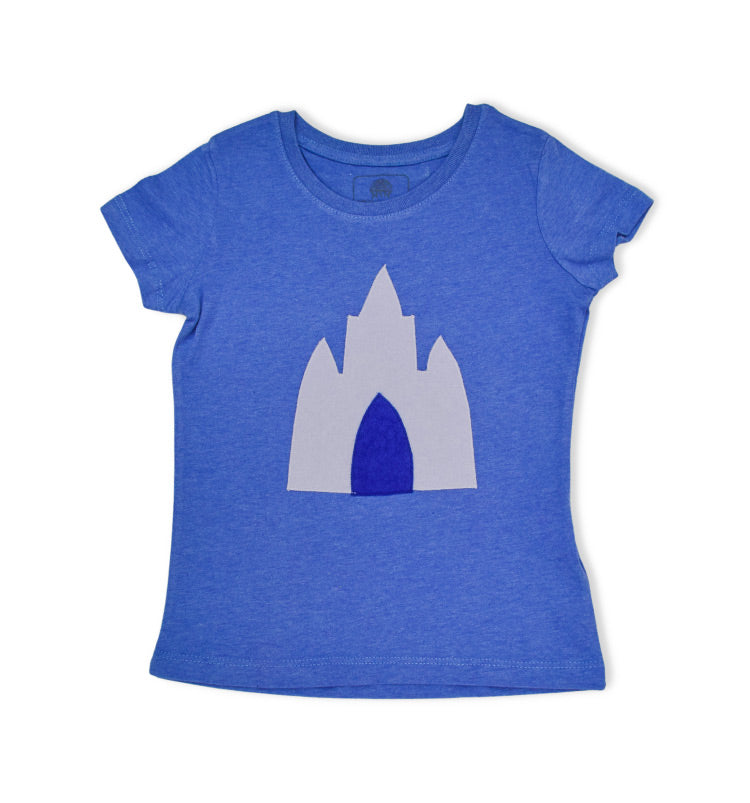 Kinder T-Shirt blau-meliert, taillierter Schnitt für Mädchen, Märchenschloss