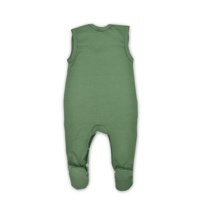 Strampler für Newborn in olive-grün, Füßchen, Träger und Wickelöffnung