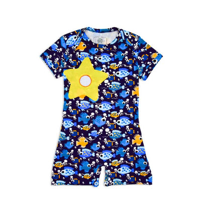 Baby Sommer Schlafanzug kurzarm in Größe 68-92, trendy blau mit Fischprint