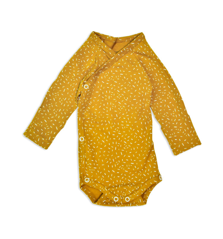 Baby Wickelbody langarm senfgelb aus Bio-Baumwolle, Made in Austria